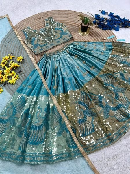 Turquoise Party Wear Sindur Silk Lehenga Choli with Designer Sequins Work Girls Wear