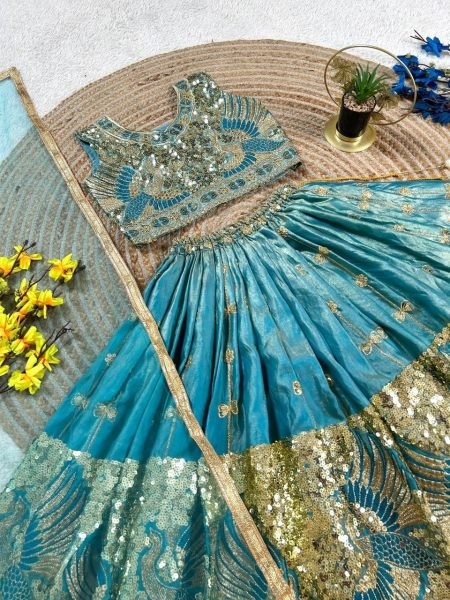 Turquoise Party Wear Sindur Silk Lehenga Choli with Designer Sequins Work Girls Wear