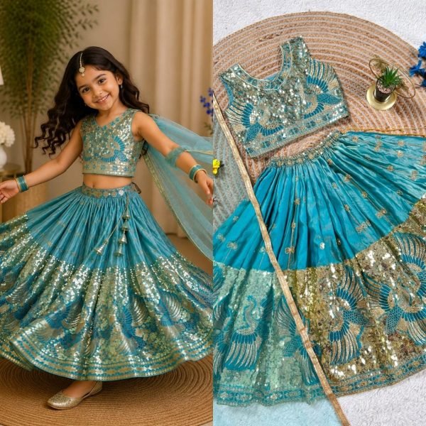 Turquoise Party Wear Sindur Silk Lehenga Choli with Designer Sequins Work Girls Wear