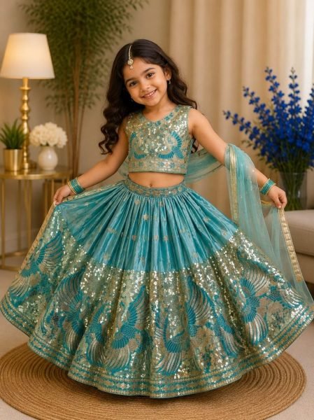 Turquoise Party Wear Sindur Silk Lehenga Choli with Designer Sequins Work Girls Wear