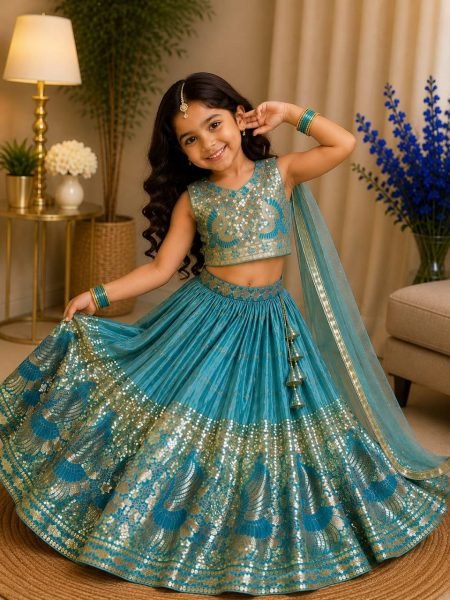 Turquoise Party Wear Sindur Silk Lehenga Choli with Designer Sequins Work Girls Wear