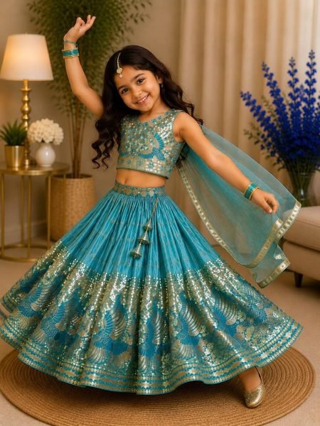 Turquoise Party Wear Sindur Silk Lehenga Choli with Designer Sequins Work Girls Wear