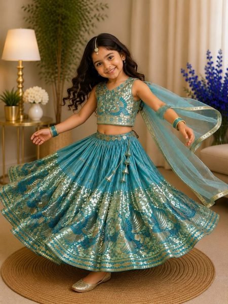 Turquoise Party Wear Sindur Silk Lehenga Choli with Designer Sequins Work Girls Wear
