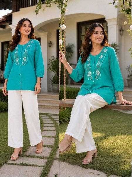Turquoise Rayon Slub Embroidered Top and Cotton Pant Set at Wholesale Rate Kurtis