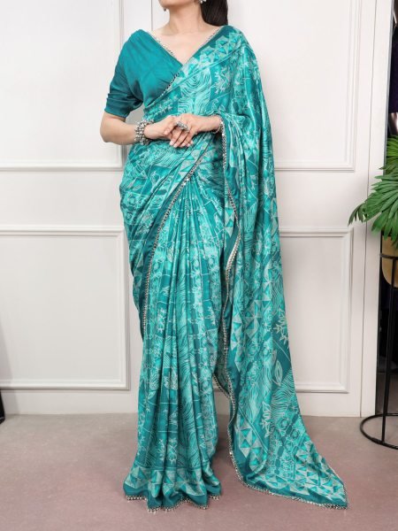 Turquoise Satin Silk Saree with Unstitched Blouse Piece and Mirror Lace Border 