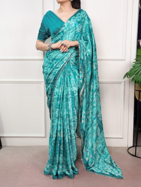 Turquoise Satin Silk Saree with Unstitched Blouse Piece and Mirror Lace Border Silk Sarees Wholesale