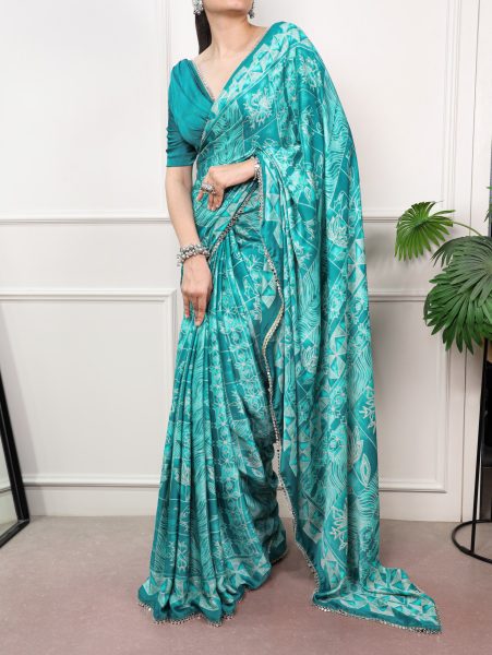 Turquoise Satin Silk Saree with Unstitched Blouse Piece and Mirror Lace Border Silk Sarees Wholesale
