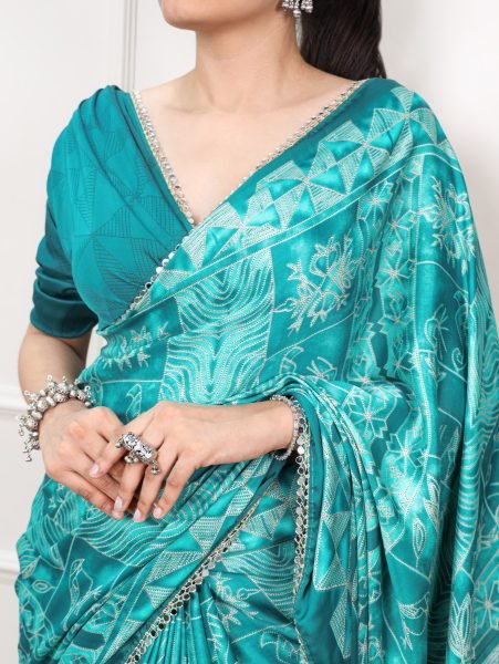 Turquoise Satin Silk Saree with Unstitched Blouse Piece and Mirror Lace Border Silk Sarees Wholesale