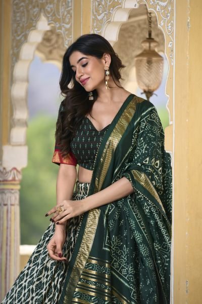 Tussar Silk Green Navratri Wear Ikkat Print Lehenga Choli Set Navratri Lehnega Choli