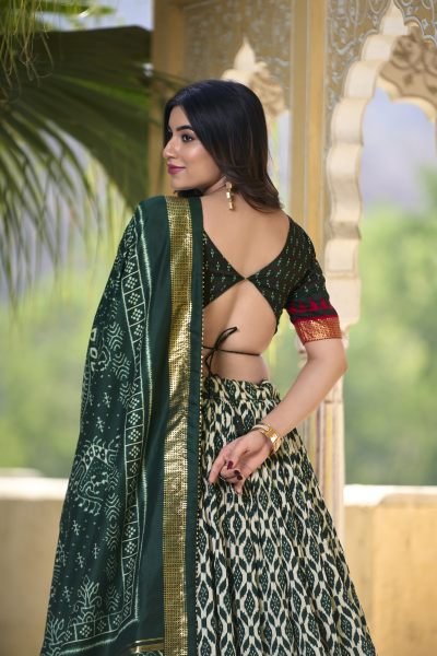 Tussar Silk Green Navratri Wear Ikkat Print Lehenga Choli Set Navratri Lehnega Choli