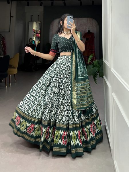 Tussar Silk Green Navratri Wear Ikkat Print Lehenga Choli Set Navratri Lehnega Choli