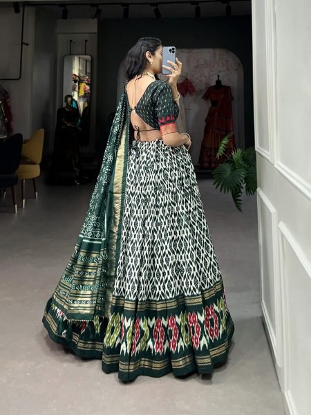 Tussar Silk Green Navratri Wear Ikkat Print Lehenga Choli Set Navratri Lehnega Choli