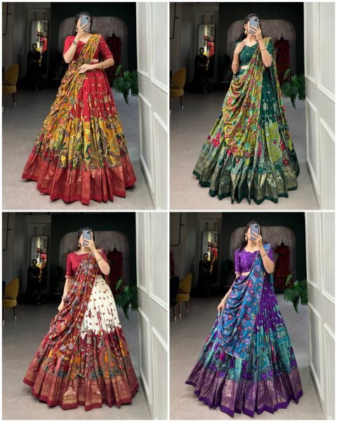 Tussar Silk Lehenga Choli Mill Print with Foil Work Unstitched Blouse Latest Design Navratri Festival Collection  Navratri Lehnega Choli