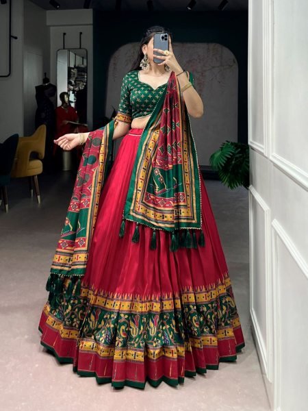 Tussar Silk Lehenga Choli Set Green Blouse And Red Skirt With Patola Prints  Lehenga