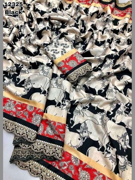  Tussar silk pichwai digital print Saree  with fancy trending embroidery work Silk Sarees Wholesale