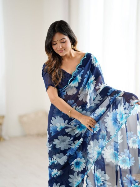 Twilight Blue Floral Georgette Saree with Mirror Border Perfect for Day Looks  Sarees 