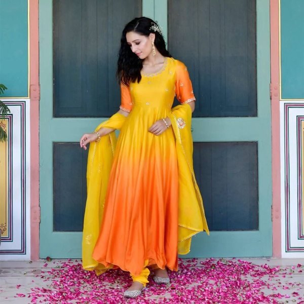 Two Shaded  Silk Gown With Organza Dupatta   Kurti With Dupatta Wholesale