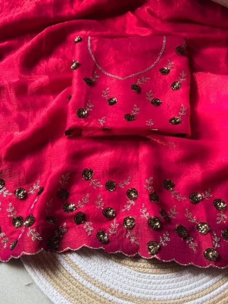 Two-Tone Fendy Chiffon Party Wear Saree with Diamond Work and Rich Blouse Pure Chiffon Sarees Wholesale