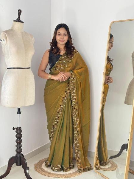 Two-Tone Fendy Chiffon Party Wear Saree with Diamond Work and Rich Blouse Pure Chiffon Sarees Wholesale