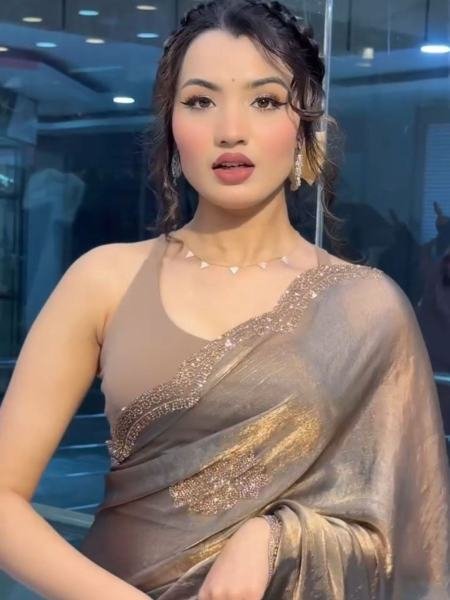 Two Tone Grey Golden Chiffon Tissue Saree with Diamond Crystal Work Suneri Saree Wholesale