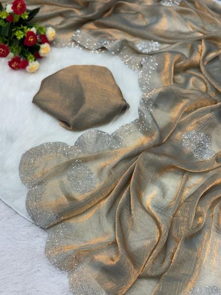 Two Tone Grey Golden Chiffon Tissue Saree with Diamond Crystal Work Suneri Saree Wholesale Designer Wedding Sarees Wholesale