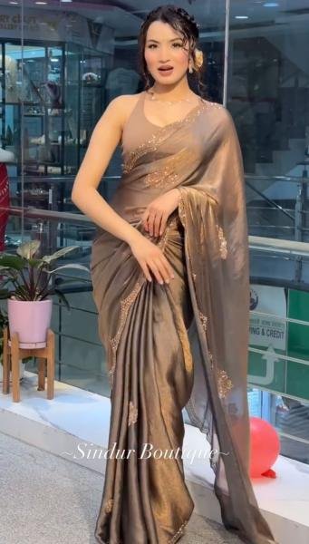 Two Tone Grey Golden Chiffon Tissue Saree with Diamond Crystal Work Suneri Saree Wholesale Designer Wedding Sarees Wholesale