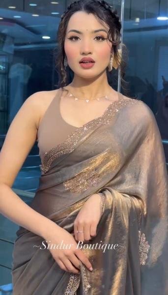 Two Tone Grey Golden Chiffon Tissue Saree with Diamond Crystal Work Suneri Saree Wholesale Designer Wedding Sarees Wholesale