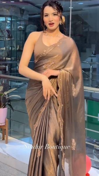 Two Tone Grey Golden Chiffon Tissue Saree with Diamond Crystal Work Suneri Saree Wholesale Designer Wedding Sarees Wholesale