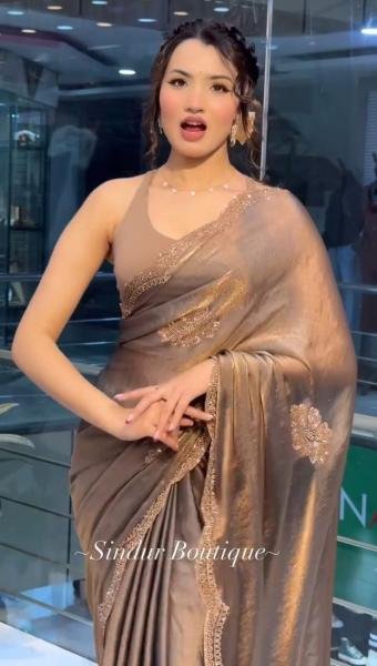 Two Tone Grey Golden Chiffon Tissue Saree with Diamond Crystal Work Suneri Saree Wholesale Designer Wedding Sarees Wholesale