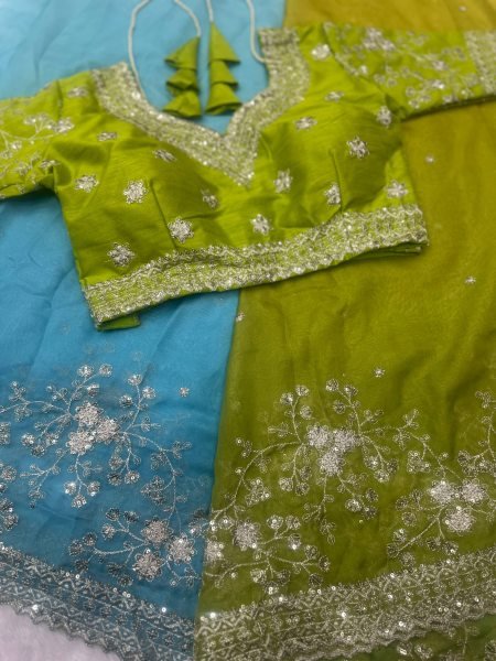 Two Tone Linen Saree with Zari Border and Floral Embroidery at  Wholesale Price  Organza Sarees Wholesale