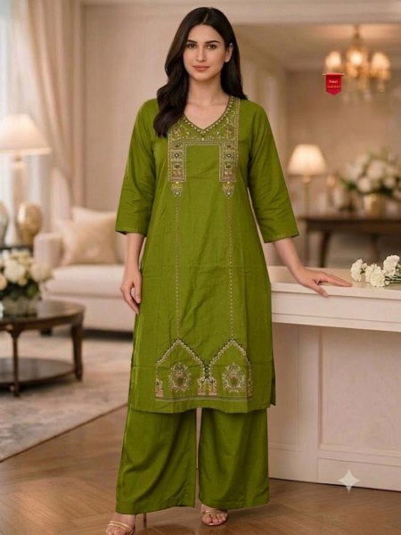 Ultra Premium Parrot Green Heavy Cotton Embroidered Kurti Plazzo Set for Women Festive Wear Outfit Kurtis