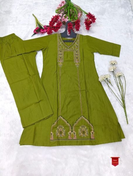Ultra Premium Parrot Green Heavy Cotton Embroidered Kurti Plazzo Set for Women Festive Wear Outfit Embroidery Kurtis 