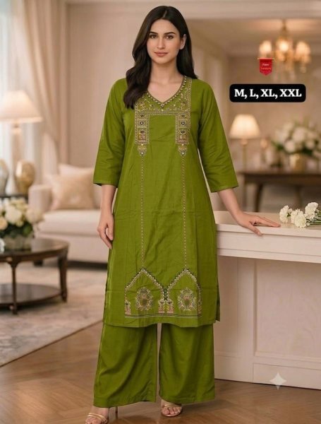 Ultra Premium Parrot Green Heavy Cotton Embroidered Kurti Plazzo Set for Women Festive Wear Outfit Embroidery Kurtis 