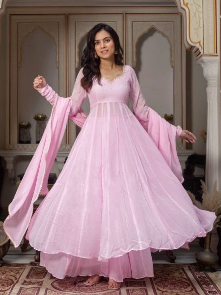 Unbeatable Baby Pink Georgette Hand Work Anarkali Suits With Palazzo For Wholesale Anarkali Kurti Set  