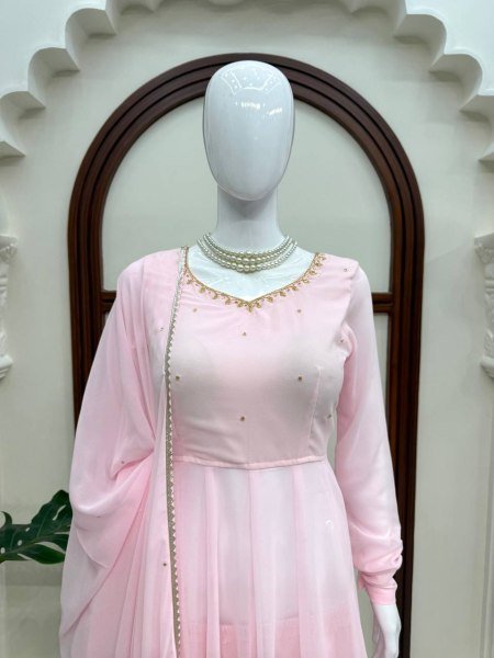 Unbeatable Baby Pink Georgette Hand Work Anarkali Suits With Palazzo For Wholesale Anarkali Kurti Set  Ready To Wear Collection