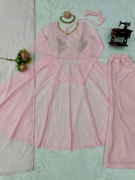 Unbeatable Baby Pink Georgette Hand Work Anarkali Suits With Palazzo For Wholesale Anarkali Kurti Set  Ready To Wear Collection