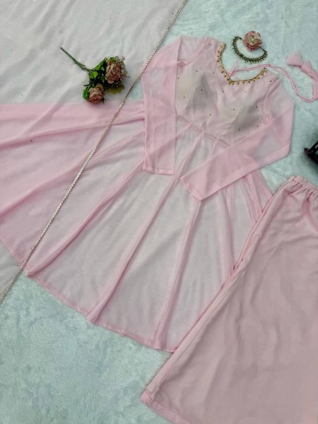 Unbeatable Baby Pink Georgette Hand Work Anarkali Suits With Palazzo For Wholesale Anarkali Kurti Set  Ready To Wear Collection