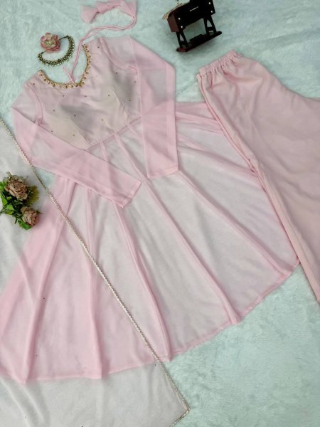 Unbeatable Baby Pink Georgette Hand Work Anarkali Suits With Palazzo For Wholesale Anarkali Kurti Set  Ready To Wear Collection