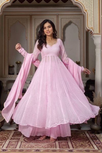 Unbeatable Baby Pink Georgette Hand Work Anarkali Suits With Palazzo For Wholesale Anarkali Kurti Set  Ready To Wear Collection
