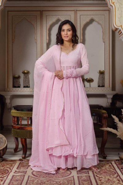 Unbeatable Baby Pink Georgette Hand Work Anarkali Suits With Palazzo For Wholesale Anarkali Kurti Set  Ready To Wear Collection
