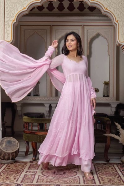 Unbeatable Baby Pink Georgette Hand Work Anarkali Suits With Palazzo For Wholesale Anarkali Kurti Set  Ready To Wear Collection