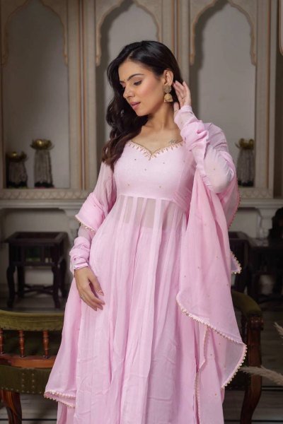 Unbeatable Baby Pink Georgette Hand Work Anarkali Suits With Palazzo For Wholesale Anarkali Kurti Set  Ready To Wear Collection