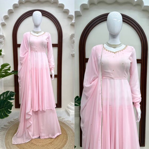 Unbeatable Baby Pink Georgette Hand Work Anarkali Suits With Palazzo For Wholesale Anarkali Kurti Set  Ready To Wear Collection