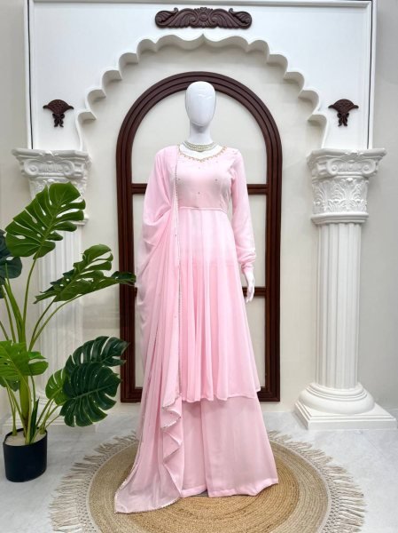 Unbeatable Baby Pink Georgette Hand Work Anarkali Suits With Palazzo For Wholesale Anarkali Kurti Set  Ready To Wear Collection