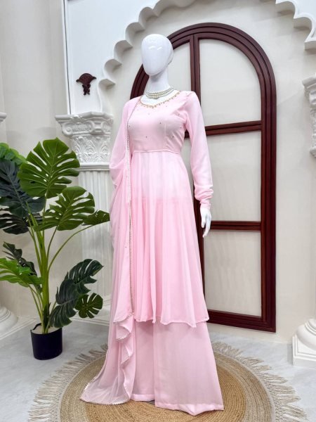Unbeatable Baby Pink Georgette Hand Work Anarkali Suits With Palazzo For Wholesale Anarkali Kurti Set  Ready To Wear Collection