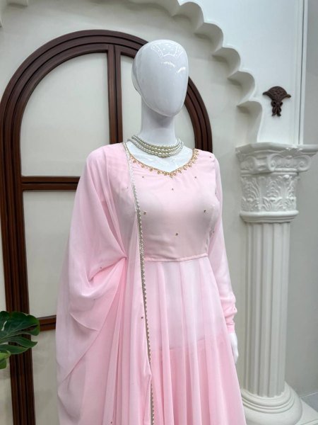 Unbeatable Baby Pink Georgette Hand Work Anarkali Suits With Palazzo For Wholesale Anarkali Kurti Set  Ready To Wear Collection