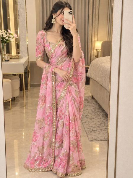 Unbeatable Baby Pink Tabby Silk Saree with Full Handwork Embroidery for Party Wear Silk Sarees Wholesale