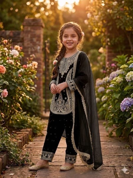 Unbeatable Black Designer Kids Sharara Suit with Heavy Embroidery for Festive Wear Kurtis