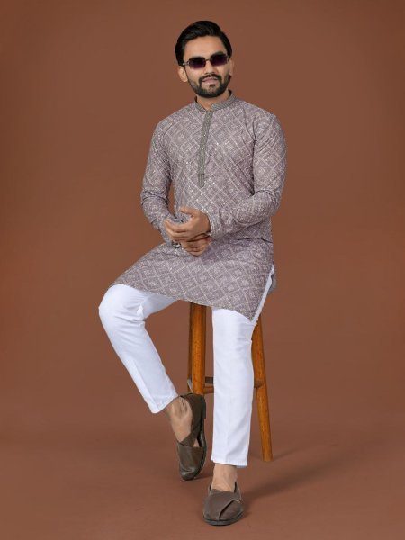 Unbeatable Grey Cotton Lucknowi Kurta with Antique Button Detailing for Traditional Functions Kurta Pajama Wholesale