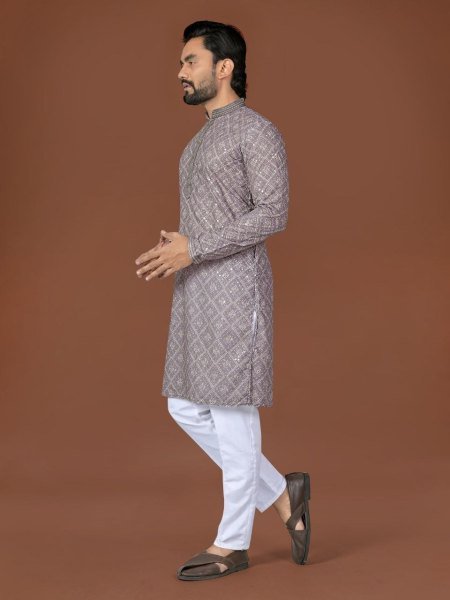 Unbeatable Grey Cotton Lucknowi Kurta with Antique Button Detailing for Traditional Functions Kurta Pajama Wholesale